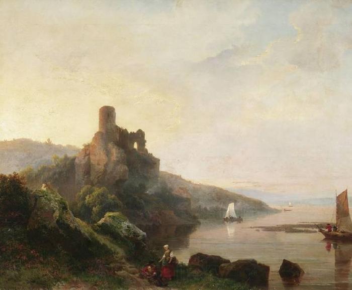Pieter Lodewyk Kuhnen Romantic Rhine landscape with ruin at sunset. Painting Norge oil painting art